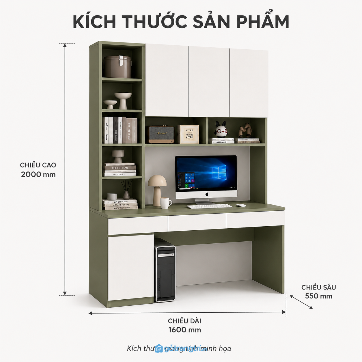 Bàn làm việc liền tủ treo màu xanh olive kết hợp giá sách và lưu trữ tiện nghi