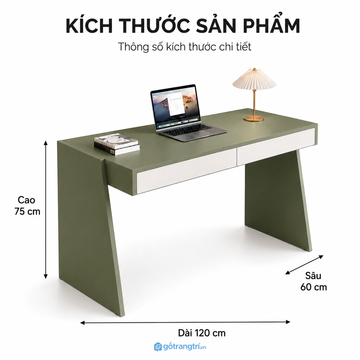 Bàn làm việc màu xanh rêu phối trắng 120x60 có ngăn kéo ẩn