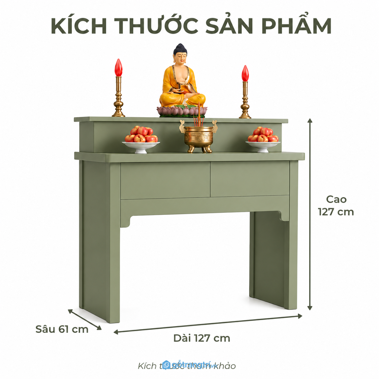 Bàn thờ Phật đứng màu xanh sage hiện đại cho không gian thờ thanh tịnh