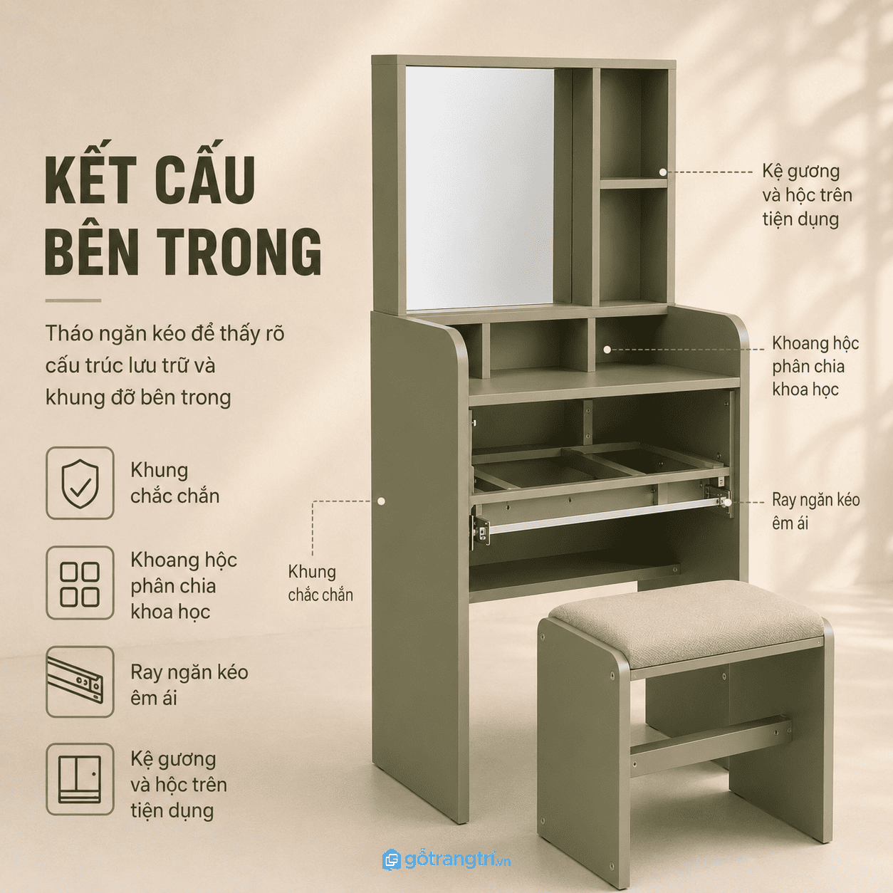 Nhiều ngăn lưu trữ giúp sắp xếp mỹ phẩm gọn gàng Nhiều ngăn lưu trữ giúp sắp xếp mỹ phẩm gọn gàng