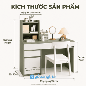 Bàn trang điểm liền bàn làm việc xanh olive cho không gian sống gọn gàng
