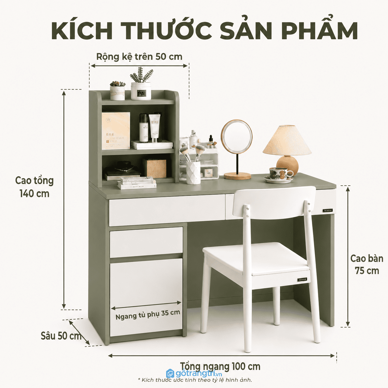 Bàn trang điểm liền bàn làm việc xanh olive cho không gian sống gọn gàng