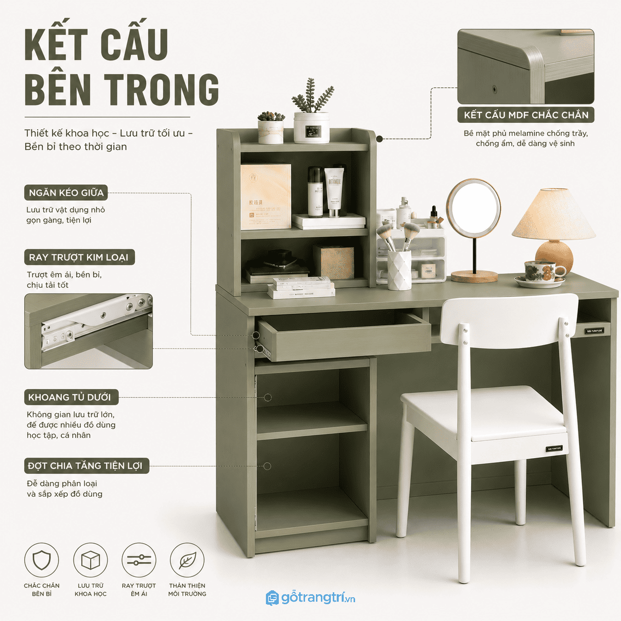 Bàn trang điểm liền bàn làm việc xanh olive GHS-4012 - hình ảnh thực tế 1