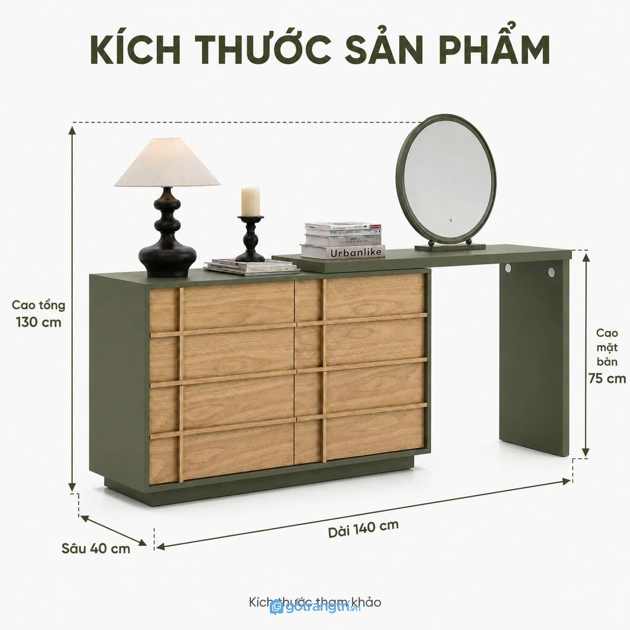 Bàn trang điểm liền tủ kính màu xanh olive hiện đại cho phòng ngủ gọn gàng và thẩm mỹ