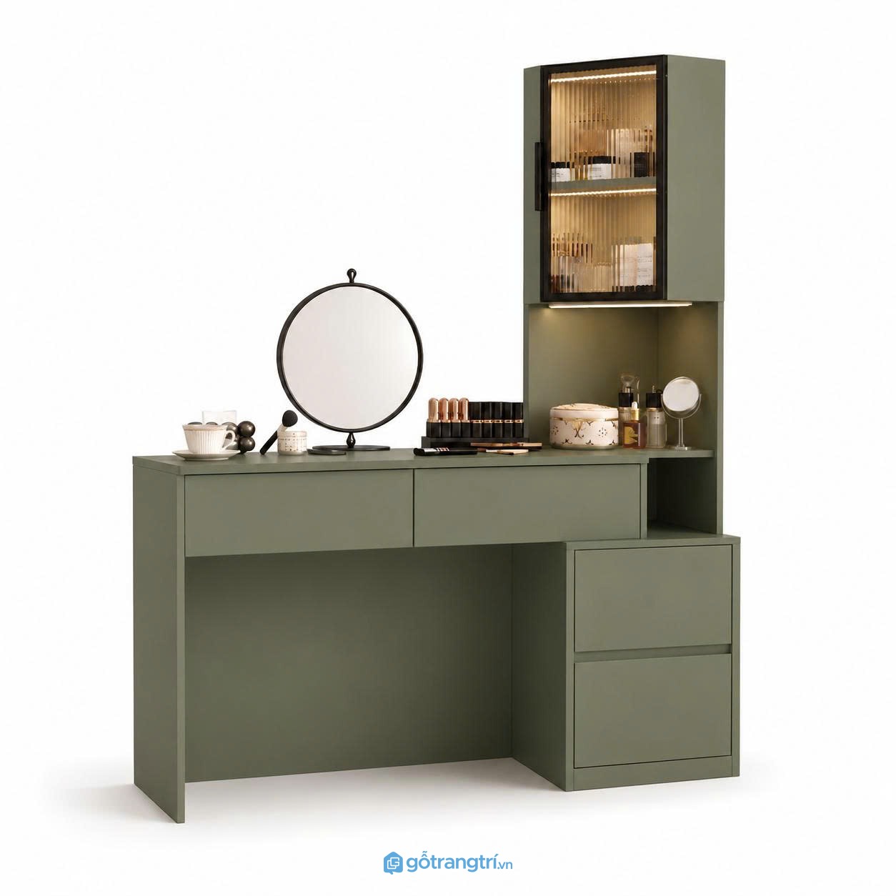 Bàn trang điểm liền tủ kính màu xanh olive hiện đại GHS-4009 - 1400x450x1800mm - Xanh olive - GHS-4009 Bàn trang điểm liền tủ kính màu xanh olive hiện đại GHS-4009 - 1400x450x1800mm - Xanh olive - GHS-4009