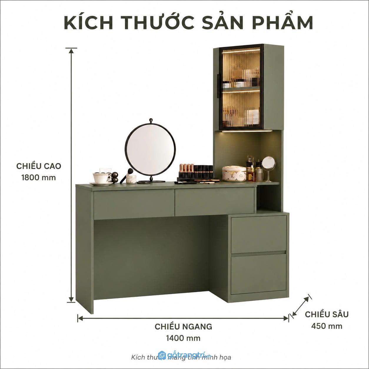 Bàn trang điểm liền tủ kính màu xanh olive hiện đại tối ưu không gian làm đẹp Bàn trang điểm liền tủ kính màu xanh olive hiện đại tối ưu không gian làm đẹp