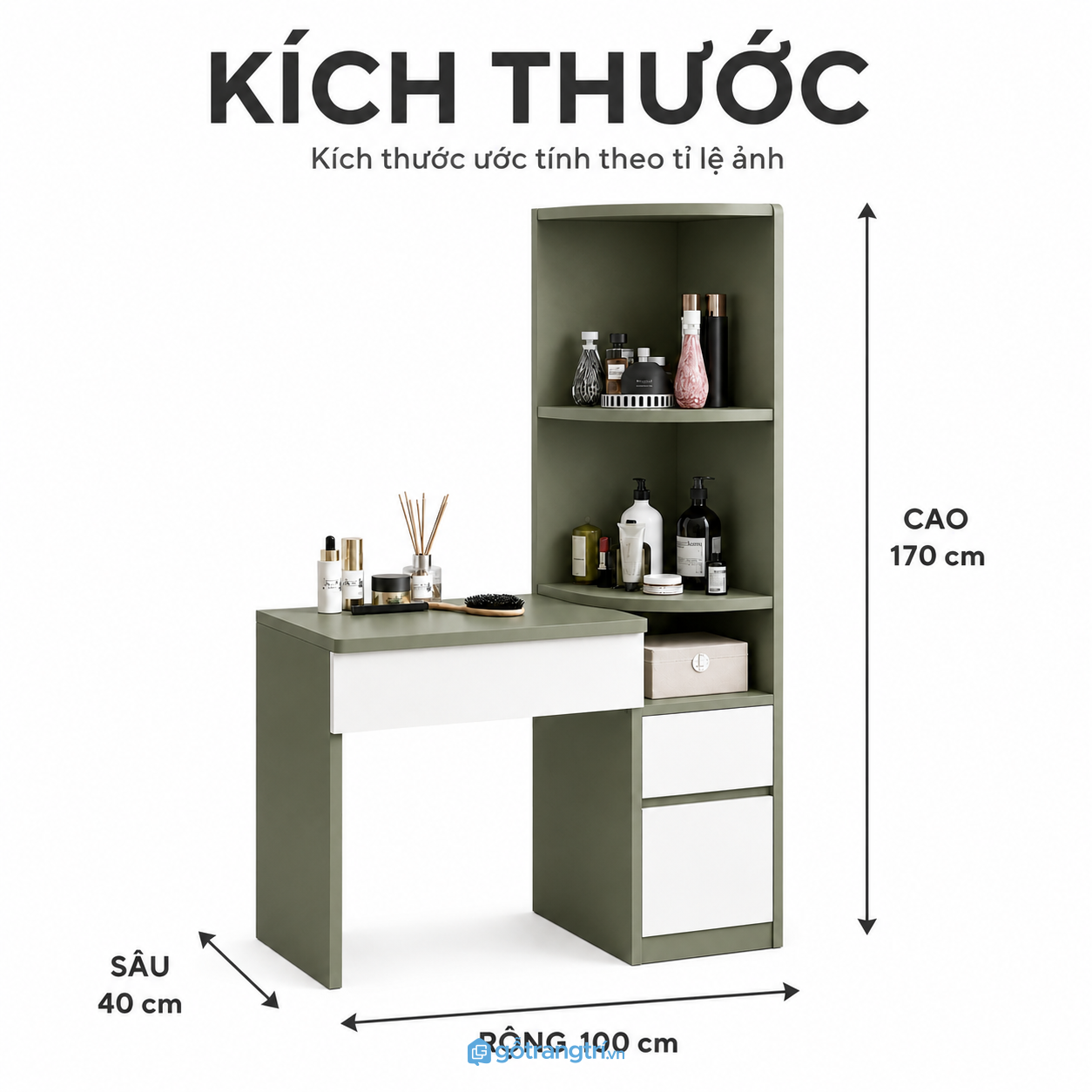 Bàn trang điểm màu xanh olive có kệ lưu trữ giúp tối ưu không gian phòng ngủ Bàn trang điểm màu xanh olive có kệ lưu trữ giúp tối ưu không gian phòng ngủ