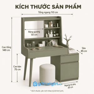 Bàn trang điểm xanh olive có gương kệ – giải pháp lưu trữ gọn đẹp cho phòng ngủ hiện đại