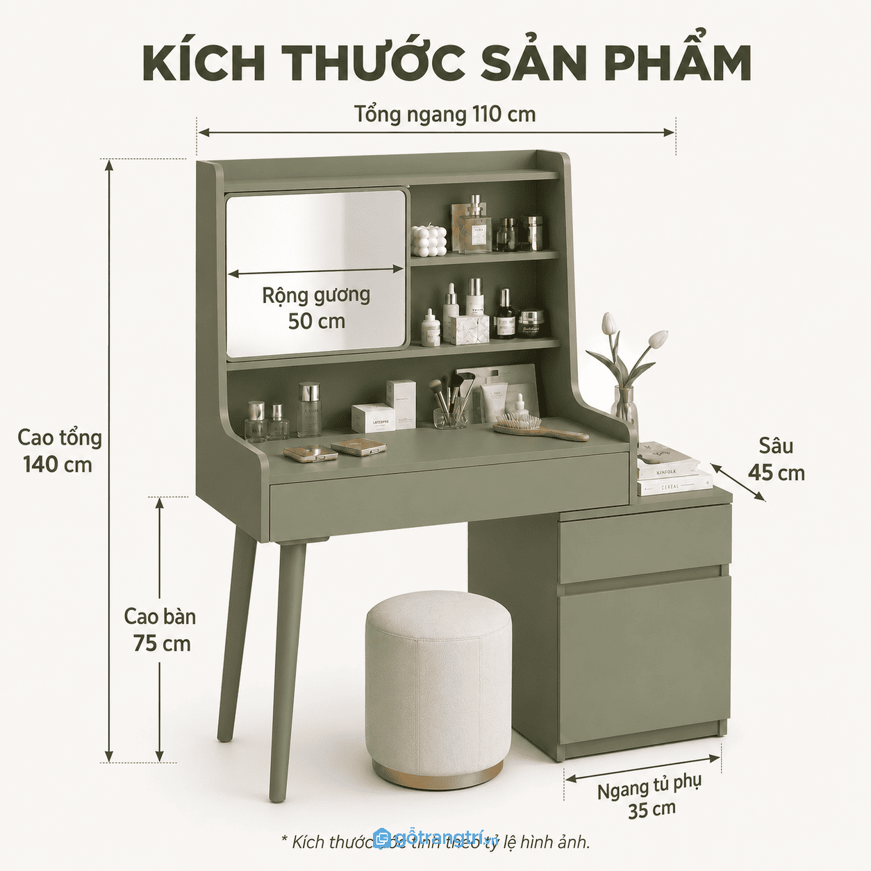 Bàn trang điểm xanh olive có gương kệ – giải pháp lưu trữ gọn đẹp cho phòng ngủ hiện đại
