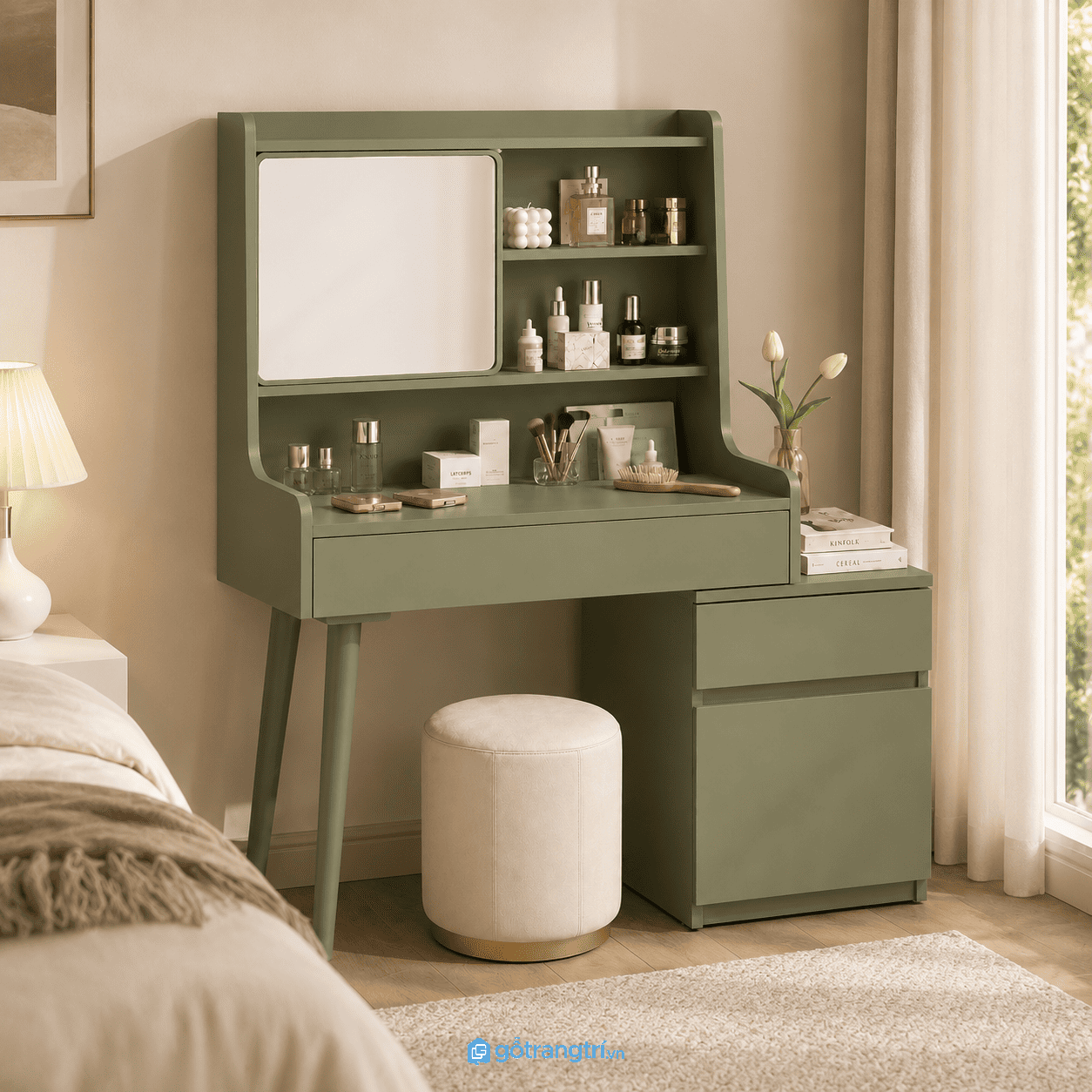 Chi tiết thiết kế Bàn trang điểm xanh olive có gương kệ hiện đại GHS-4011