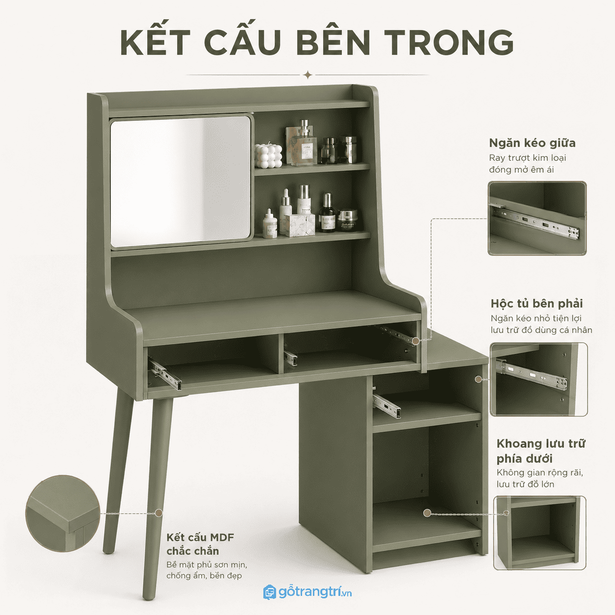 Bàn trang điểm xanh olive có gương kệ hiện đại GHS-4011 - hình ảnh thực tế 1