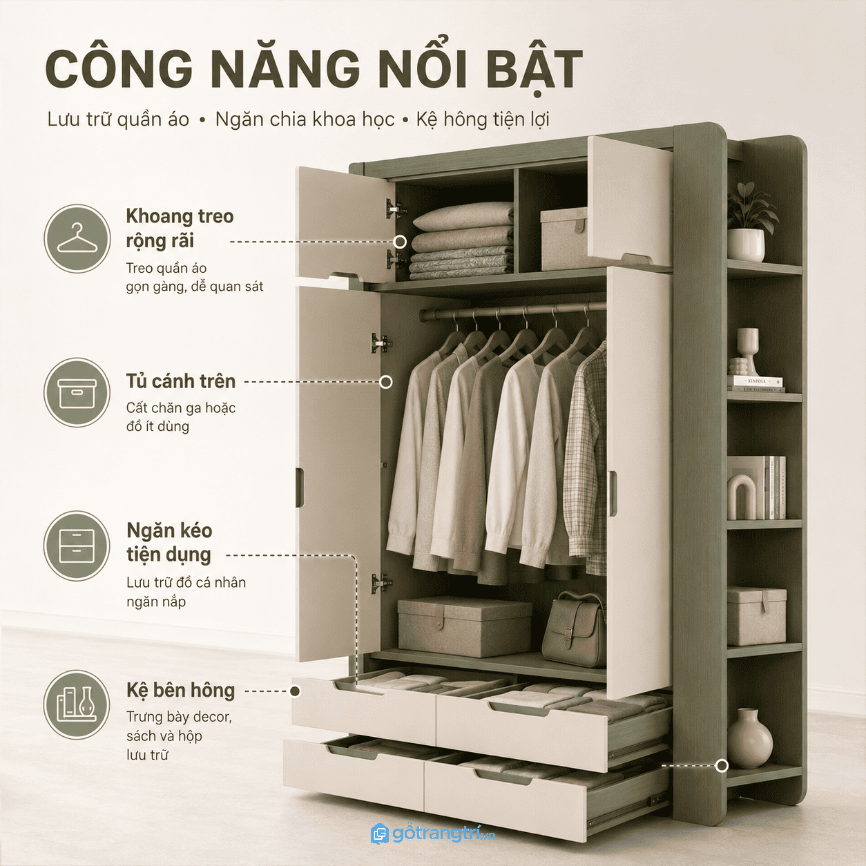 Bố trí nhiều ngăn giúp sắp xếp quần áo khoa học