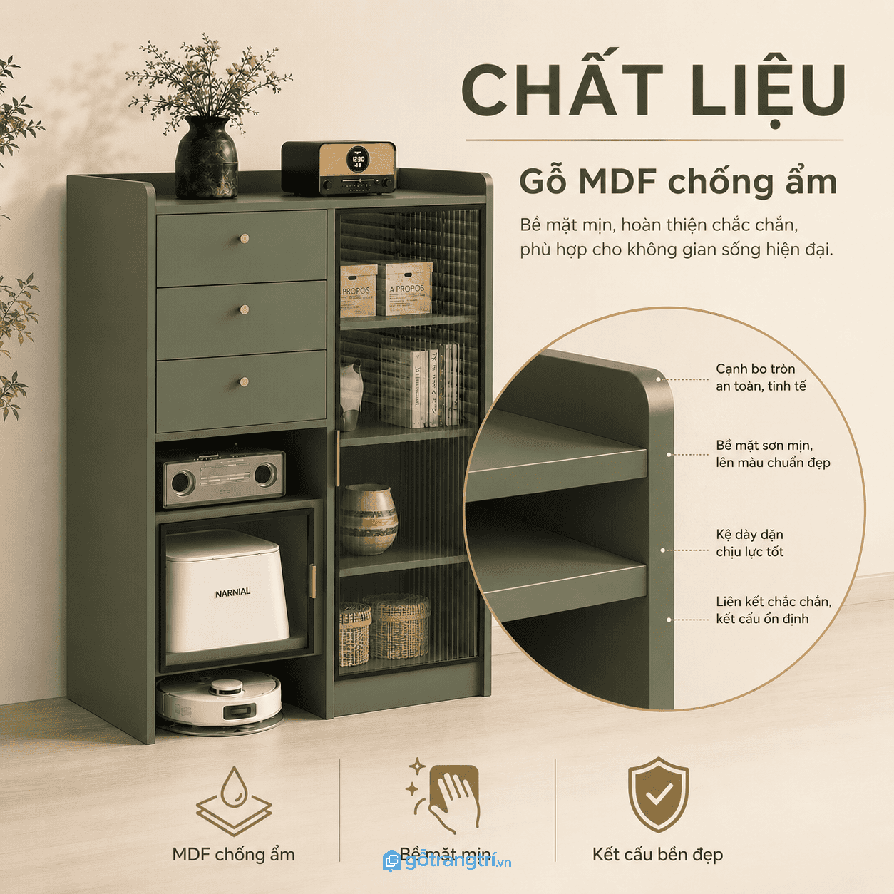 Chất liệu gỗ công nghiệp bền đẹp, chống ẩm