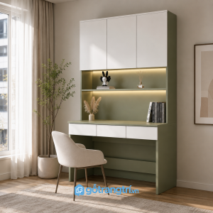 Chi tiết thiết kế Bàn Học Liền Giá Sách Màu Xanh Olive GHS-4006