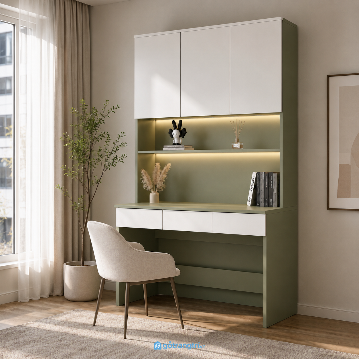 Chi tiết thiết kế Bàn Học Liền Giá Sách Màu Xanh Olive GHS-4006