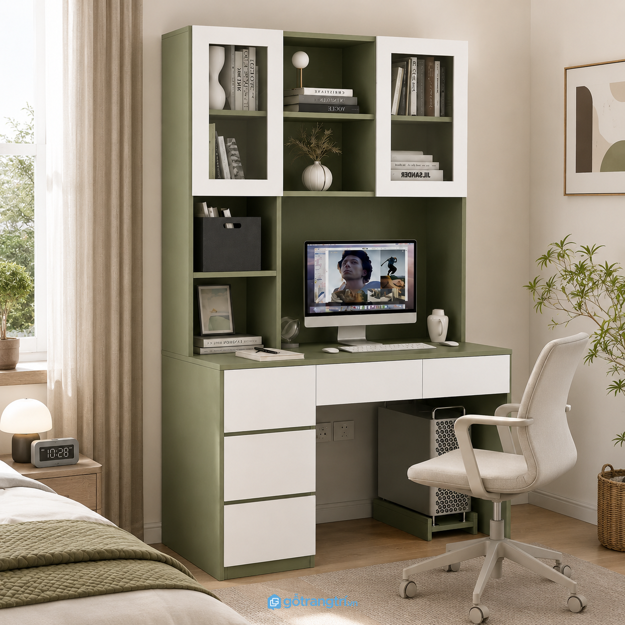 Chi tiết thiết kế Bàn học liền giá sách màu xanh rêu GHS-4003 Chi tiết thiết kế Bàn học liền giá sách màu xanh rêu GHS-4003
