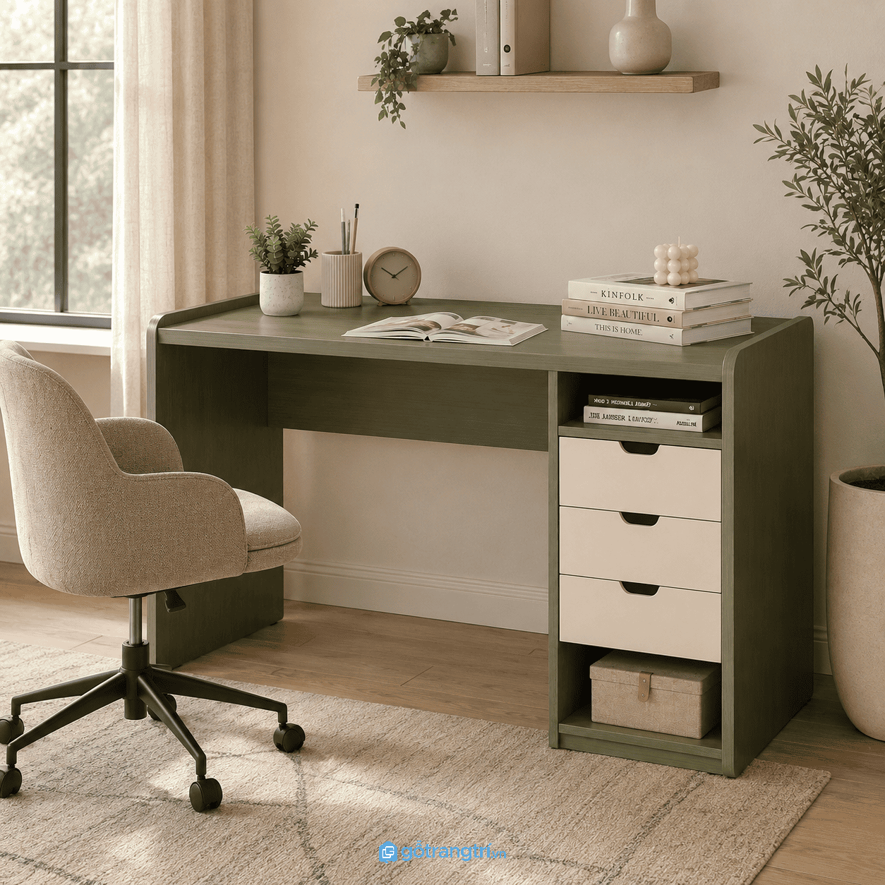 Chi tiết thiết kế Bàn làm việc có hộc tủ 3 ngăn hiện đại 120cm GHS-4014