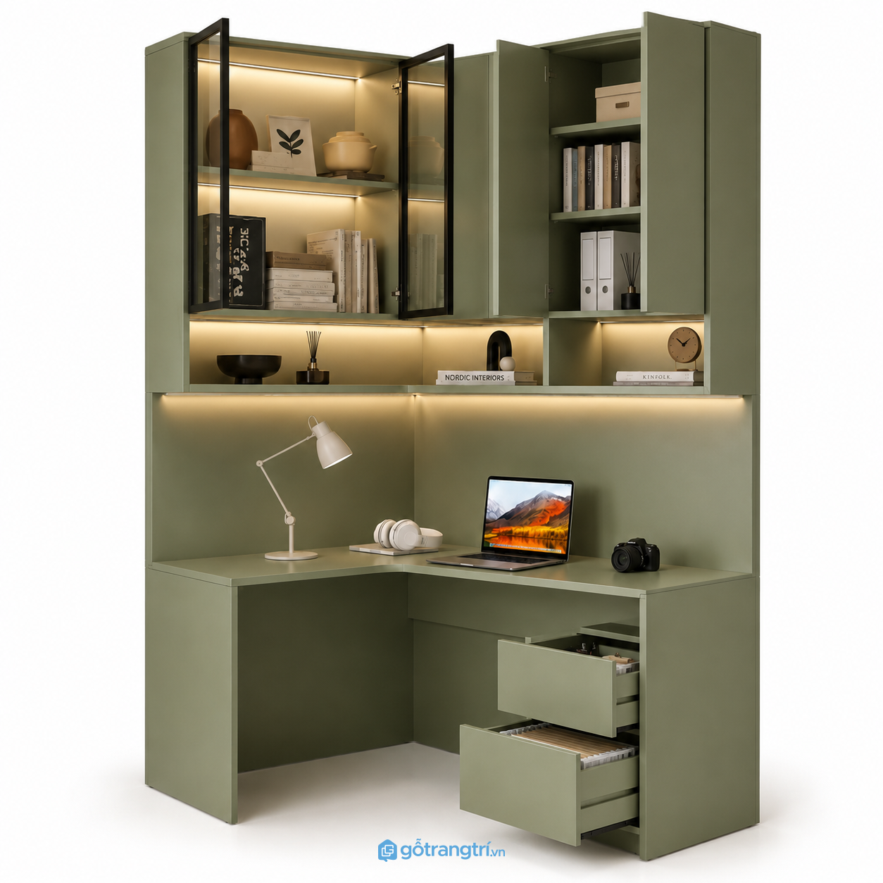Chi tiết thiết kế Bàn làm việc góc chữ L liền tủ treo màu xanh olive GHS-4005 Chi tiết thiết kế Bàn làm việc góc chữ L liền tủ treo màu xanh olive GHS-4005