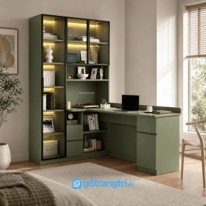 Chi tiết thiết kế Bàn Làm Việc Liền Giá Sách Kính Khung Nhôm Hiện Đại GHS-4013
