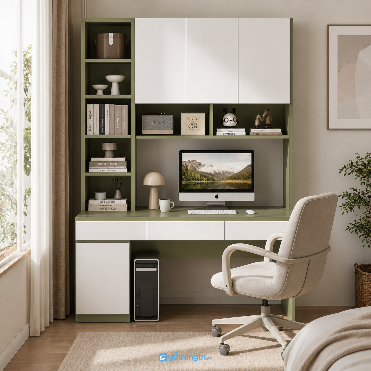 Chi tiết thiết kế Bàn làm việc liền tủ treo màu xanh olive hiện đại GHS-4008