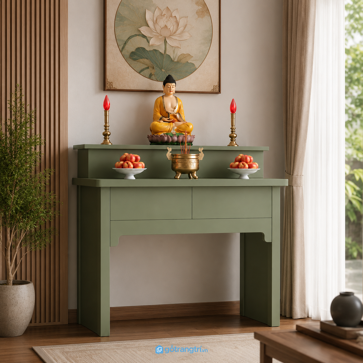 Chi tiết thiết kế Bàn thờ Phật đứng màu xanh sage hiện đại đẹp GHS-5040