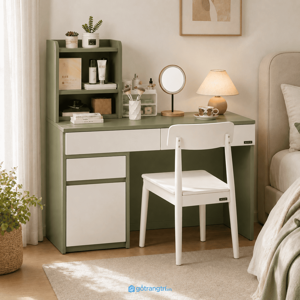 Chi tiết thiết kế Bàn trang điểm liền bàn làm việc xanh olive GHS-4012