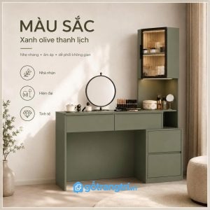 Chi tiết thiết kế Bàn trang điểm liền tủ kính màu xanh olive hiện đại GHS-4009