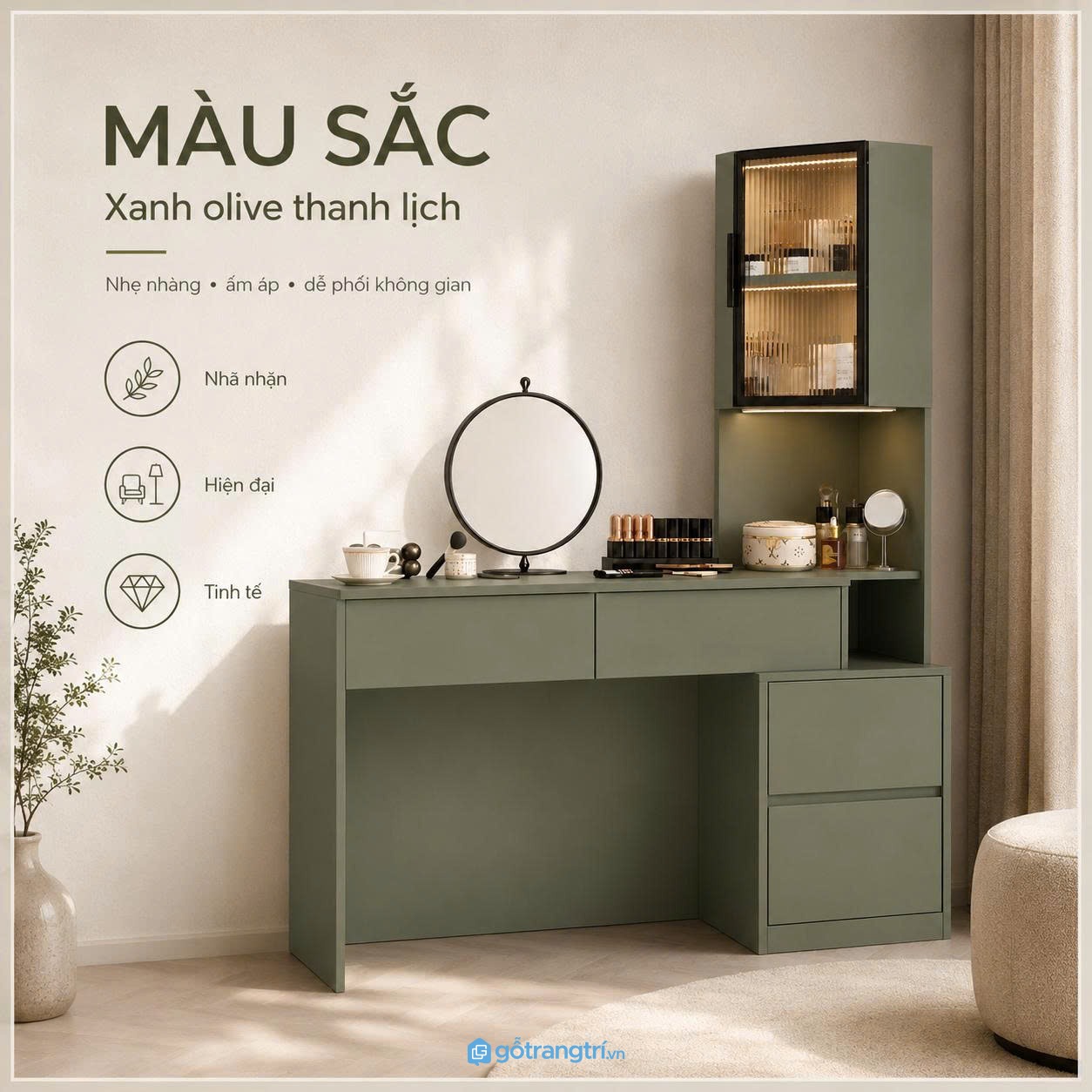 Chi tiết thiết kế Bàn trang điểm liền tủ kính màu xanh olive hiện đại GHS-4009 Chi tiết thiết kế Bàn trang điểm liền tủ kính màu xanh olive hiện đại GHS-4009