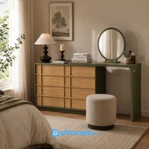 Chi tiết thiết kế Bàn trang điểm liền tủ kính màu xanh olive hiện đại GHS-4010