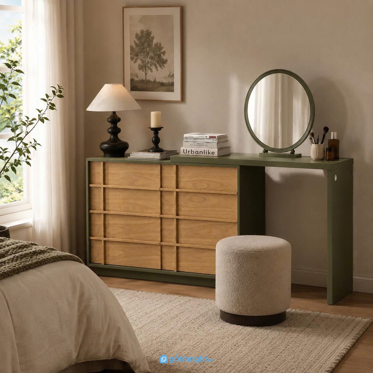 Chi tiết thiết kế Bàn trang điểm liền tủ kính màu xanh olive hiện đại GHS-4010