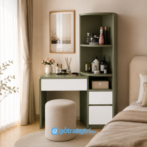 Chi tiết thiết kế Bàn Trang Điểm Màu Xanh Olive Có Kệ Lưu Trữ GHS-4007
