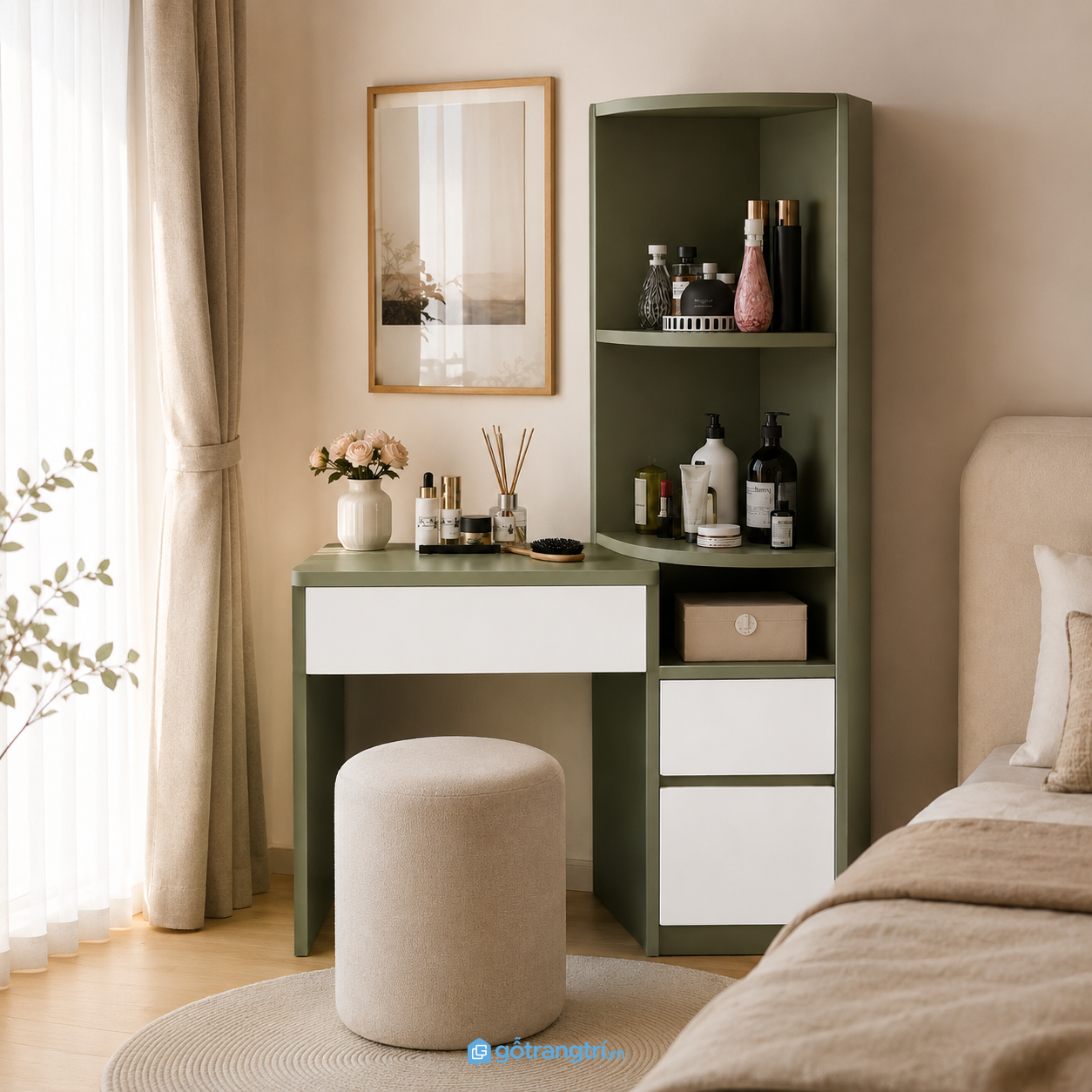 Chi tiết thiết kế Bàn Trang Điểm Màu Xanh Olive Có Kệ Lưu Trữ GHS-4007 Chi tiết thiết kế Bàn Trang Điểm Màu Xanh Olive Có Kệ Lưu Trữ GHS-4007