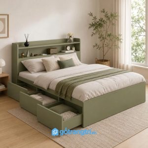 Chi tiết thiết kế Giường ngủ có ngăn kéo lưu trữ màu xanh olive GHS-9003