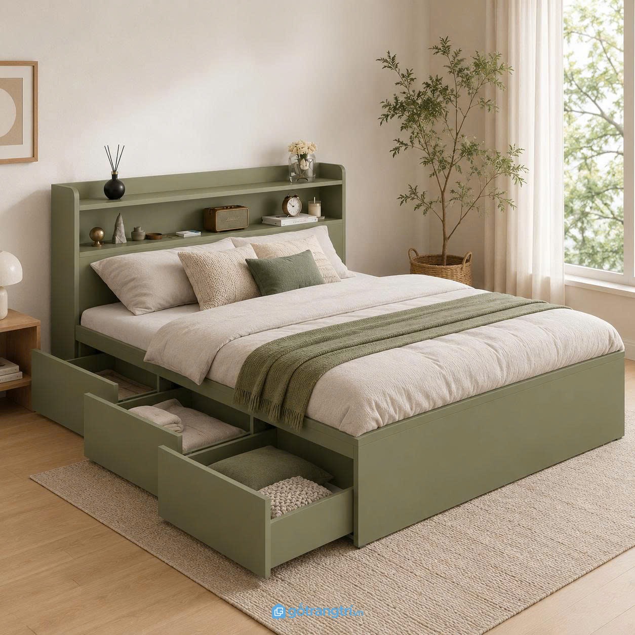 Chi tiết thiết kế Giường ngủ có ngăn kéo lưu trữ màu xanh olive GHS-9003 Chi tiết thiết kế Giường ngủ có ngăn kéo lưu trữ màu xanh olive GHS-9003