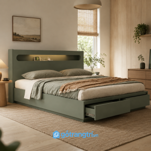 Chi tiết thiết kế Giường Ngủ Có Ngăn Kéo Lưu Trữ Màu Xanh Olive GHS-9010
