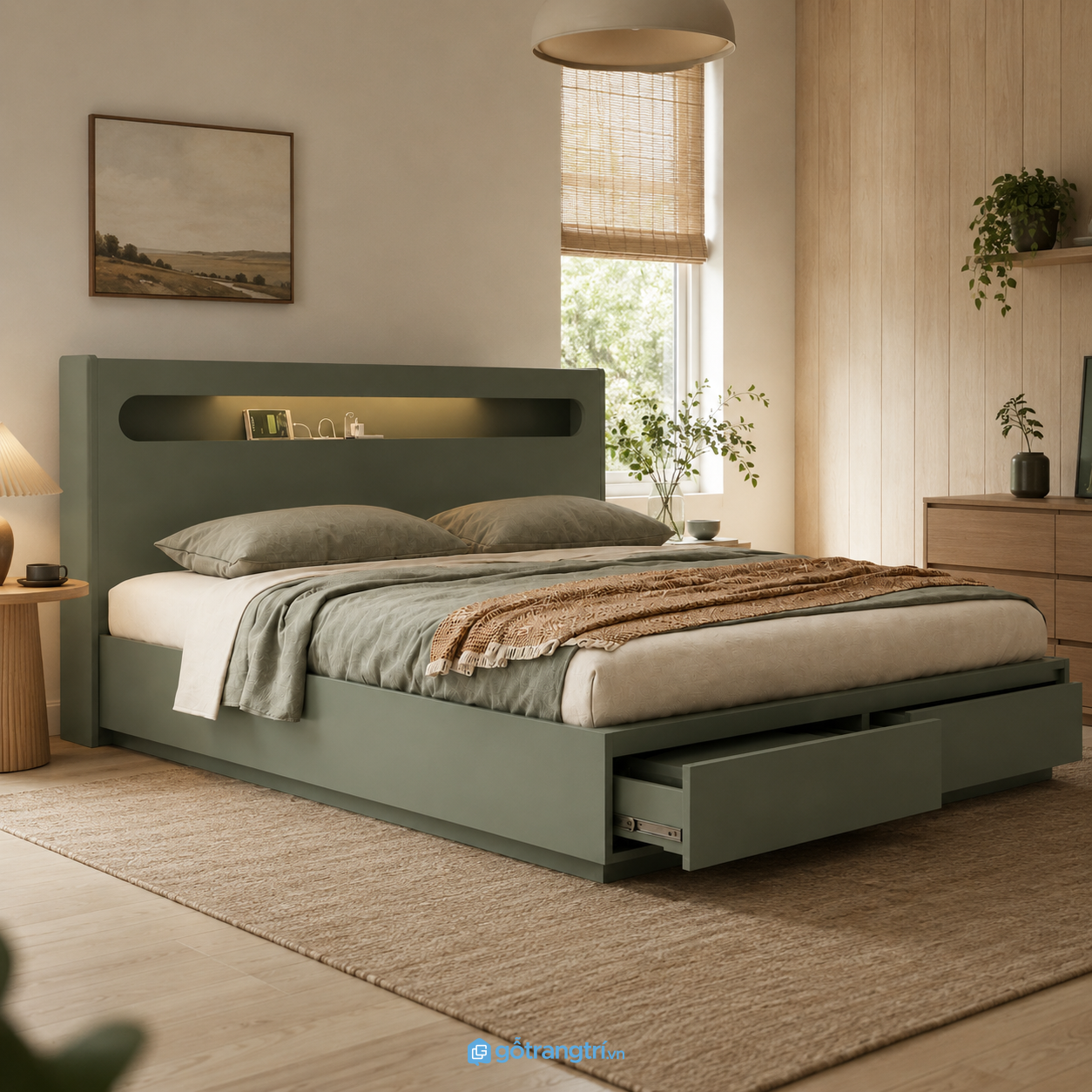 Chi tiết thiết kế Giường Ngủ Có Ngăn Kéo Lưu Trữ Màu Xanh Olive GHS-9010