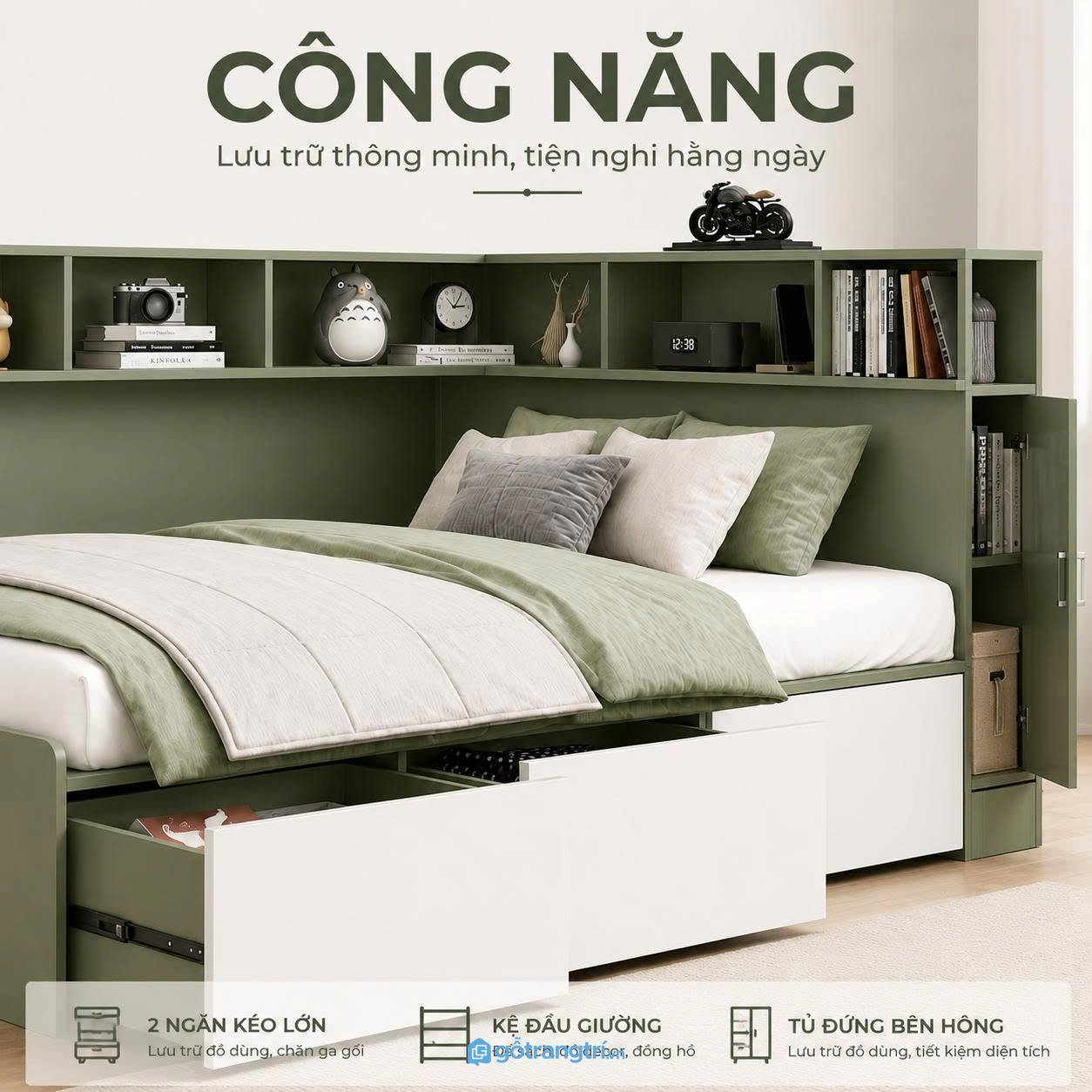 Chi tiết thiết kế Giường ngủ đa năng có kệ đầu giường và ngăn kéo lưu trữ GHS-9006