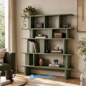 Chi tiết thiết kế Kệ sách mở màu xanh olive hiện đại nhiều tầng GHS-2003