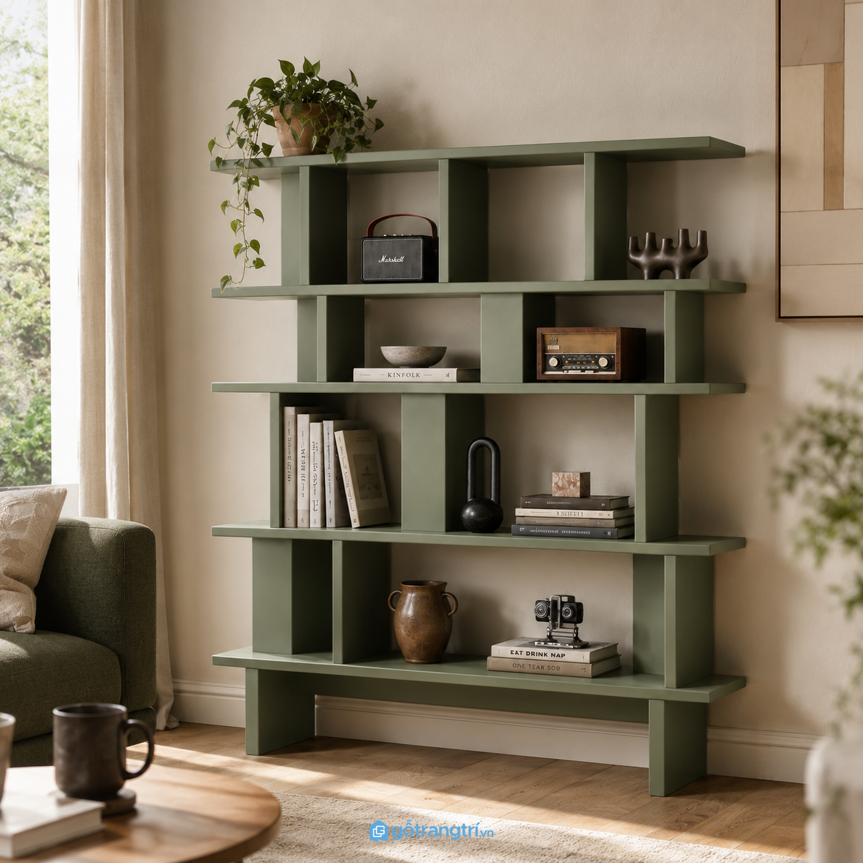 Chi tiết thiết kế Kệ sách mở màu xanh olive hiện đại nhiều tầng GHS-2003 Chi tiết thiết kế Kệ sách mở màu xanh olive hiện đại nhiều tầng GHS-2003