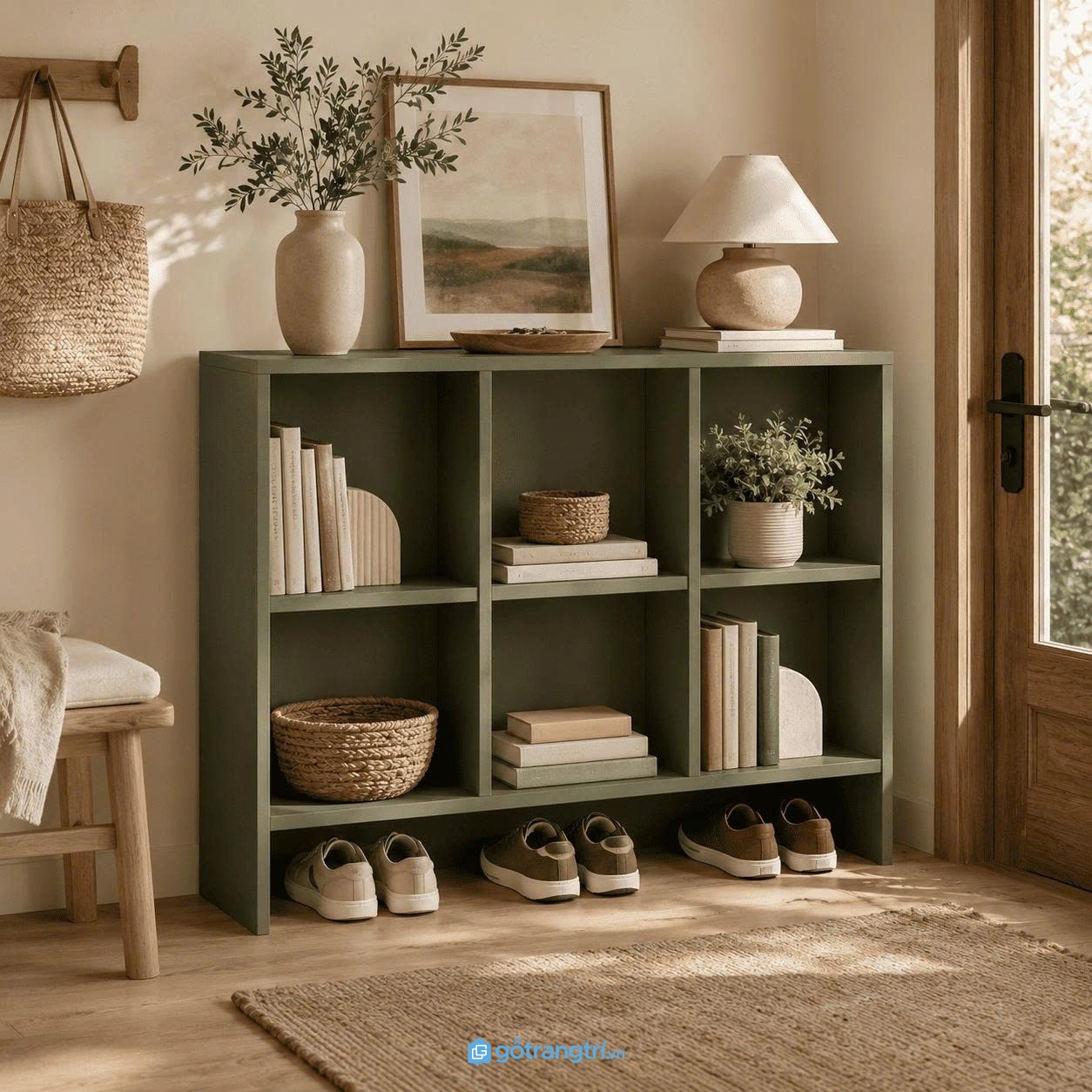 Chi tiết thiết kế Kệ sách thấp màu xanh olive hiện đại nhiều ngăn GHS-2006 Chi tiết thiết kế Kệ sách thấp màu xanh olive hiện đại nhiều ngăn GHS-2006