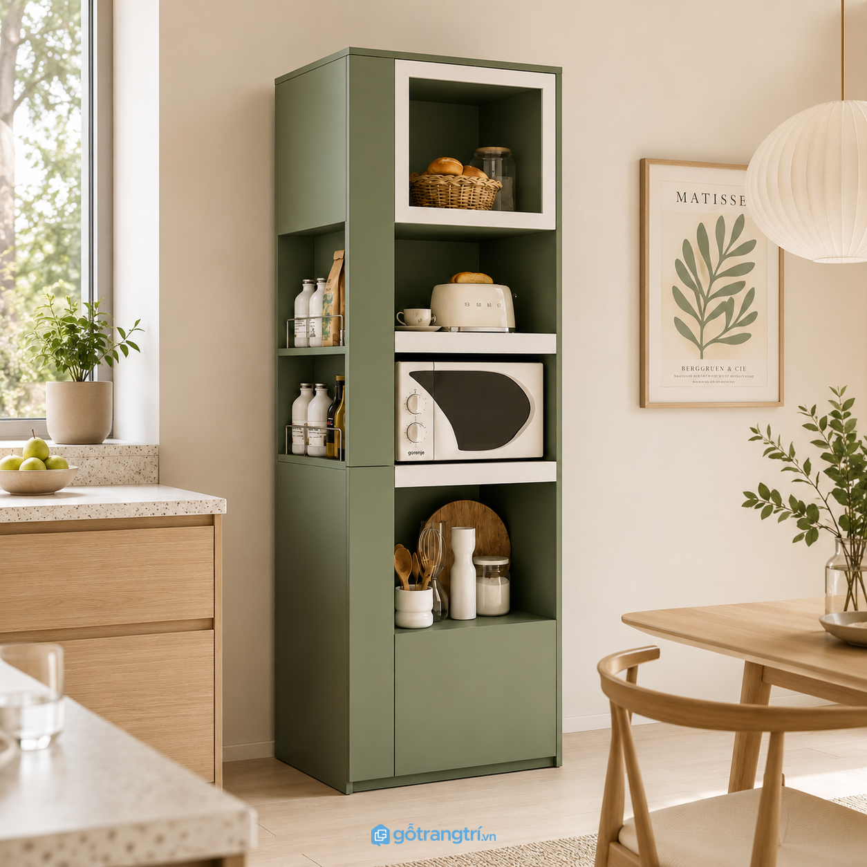 Chi tiết thiết kế Tủ bếp đứng màu xanh rêu 60cm hiện đại GHS-5013