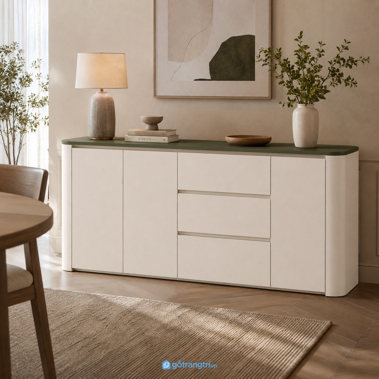Chi tiết thiết kế Tủ buffet bo góc màu xanh olive hiện đại GHS-5046