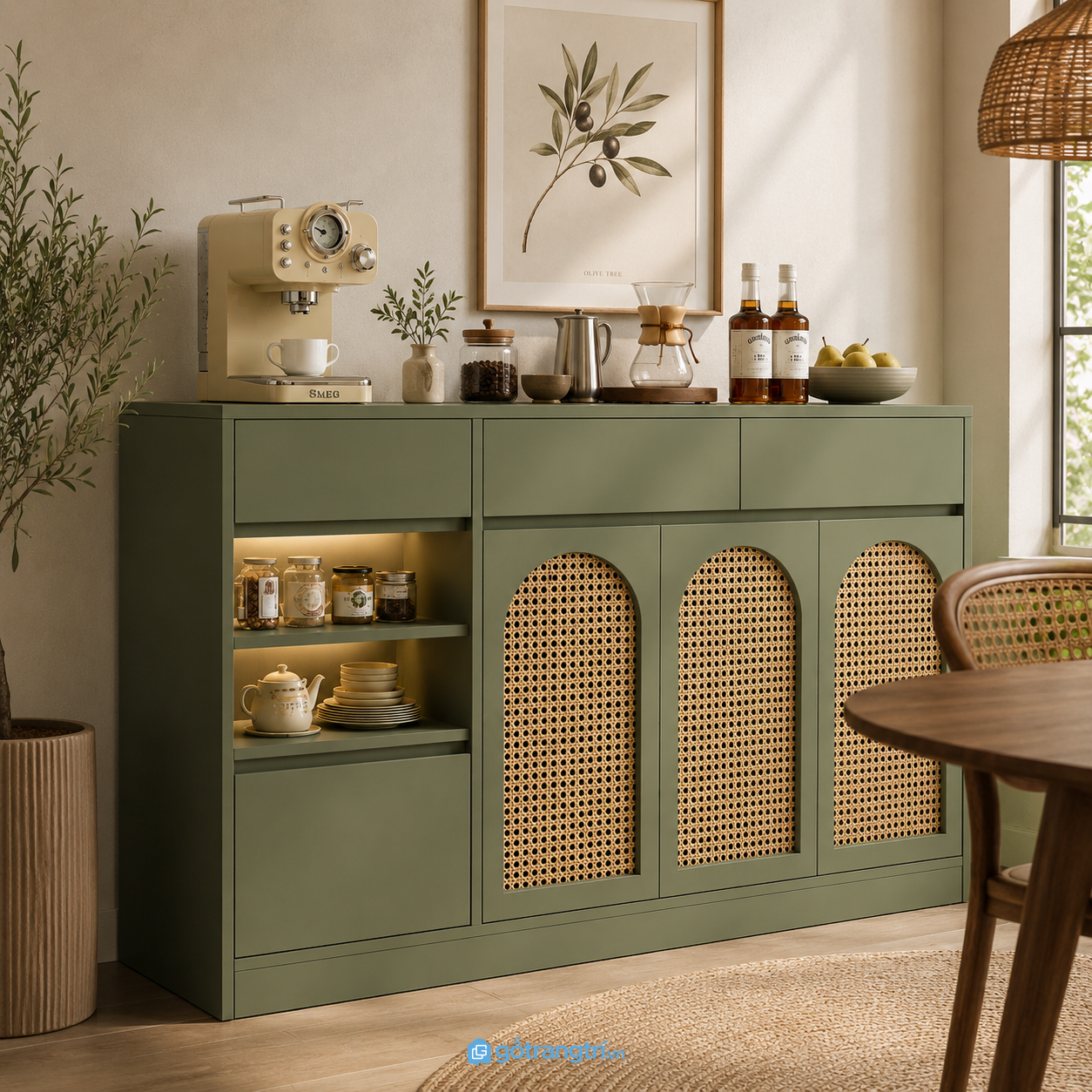 Chi tiết thiết kế Tủ buffet cánh mây màu xanh olive hiện đại GHS-5036 Chi tiết thiết kế Tủ buffet cánh mây màu xanh olive hiện đại GHS-5036