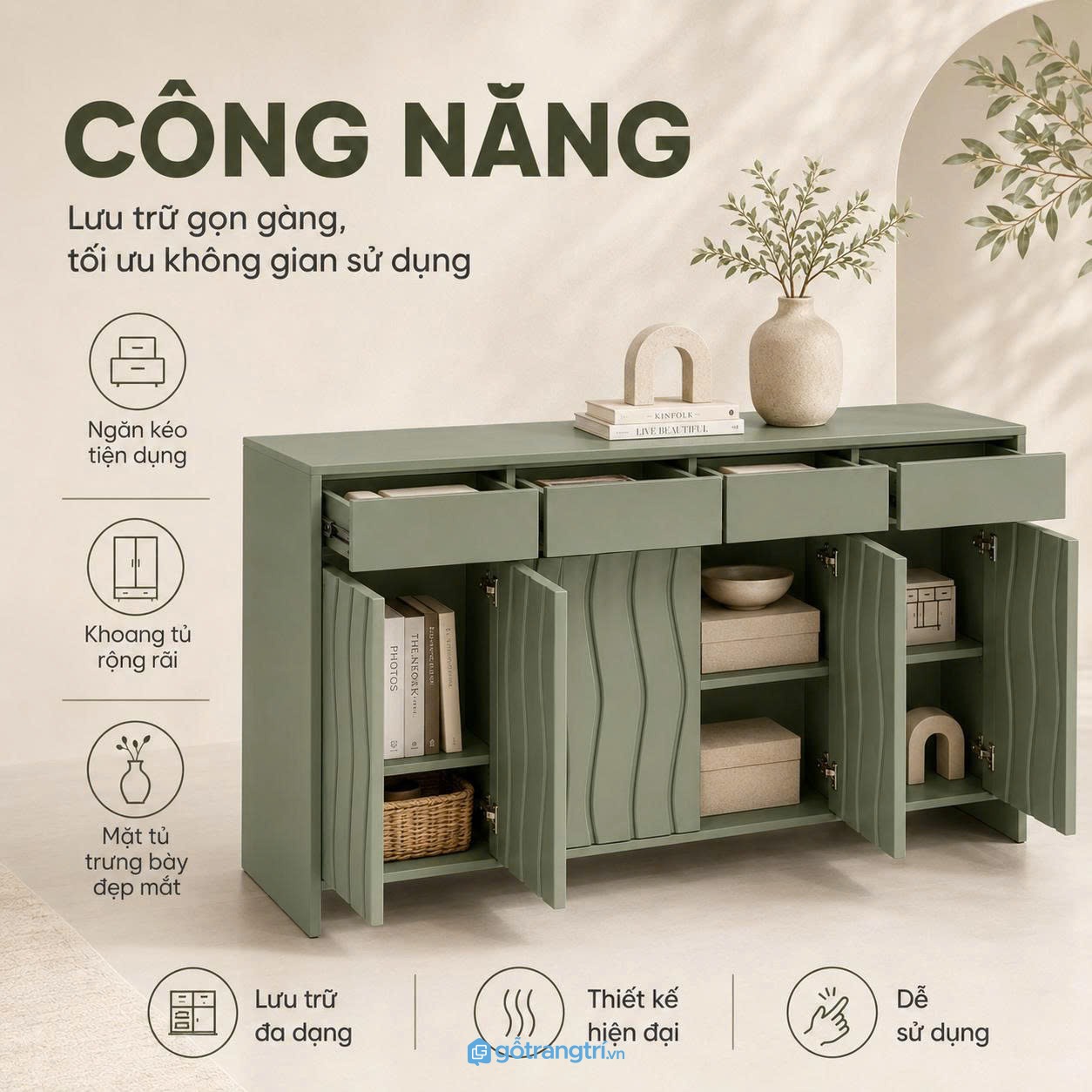 Chi tiết thiết kế Tủ buffet cánh sóng màu xanh olive hiện đại GHS-5052