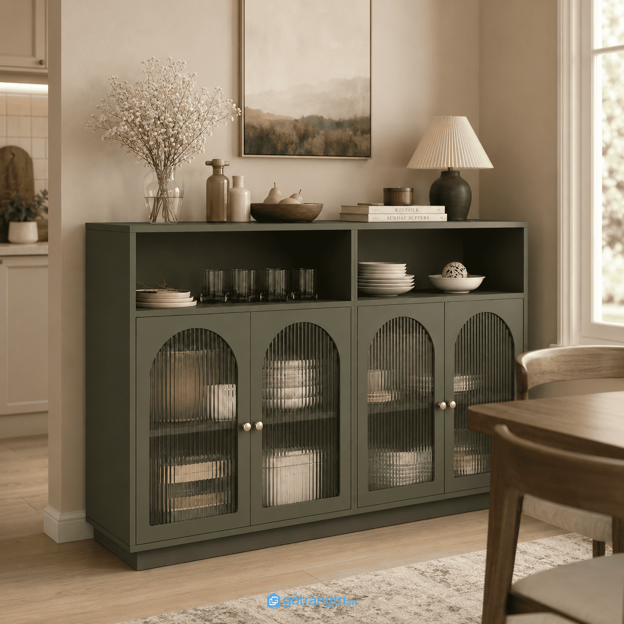 Chi tiết thiết kế Tủ buffet cửa kính sọc vòm 160cm hiện đại GHS-5059
