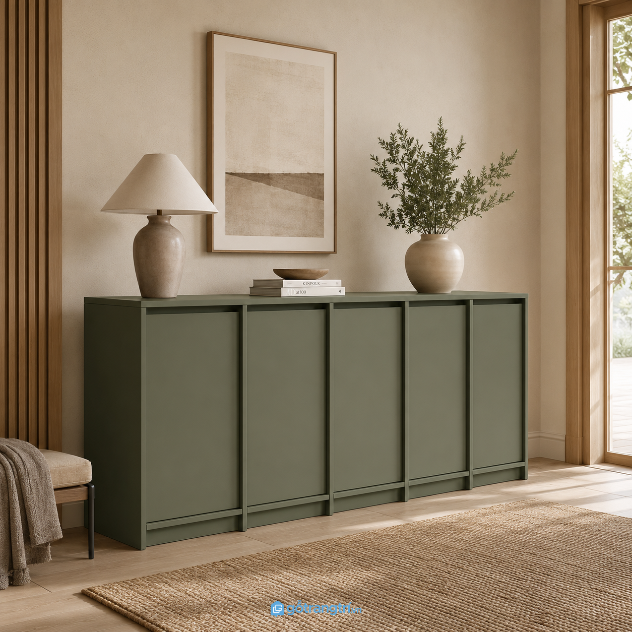 Chi tiết thiết kế Tủ buffet màu xanh olive cánh phẳng hiện đại GHS-5044