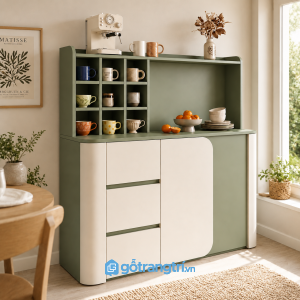 Chi tiết thiết kế Tủ buffet màu xanh olive kết hợp kệ trang trí GHS-5014