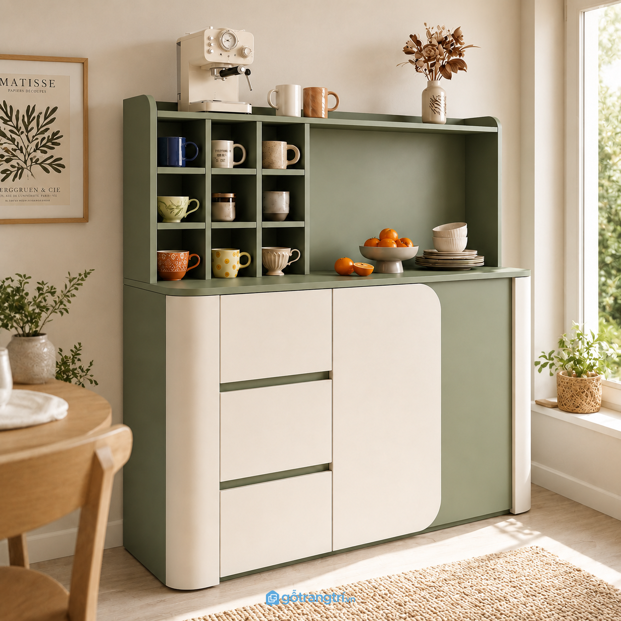 Chi tiết thiết kế Tủ buffet màu xanh olive kết hợp kệ trang trí GHS-5014 Chi tiết thiết kế Tủ buffet màu xanh olive kết hợp kệ trang trí GHS-5014