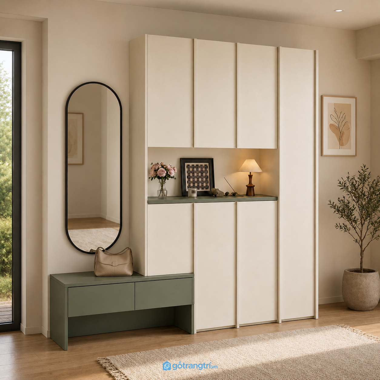 Chi tiết thiết kế Tủ giày màu xanh olive kịch trần hiện đại GHS-5039 Chi tiết thiết kế Tủ giày màu xanh olive kịch trần hiện đại GHS-5039