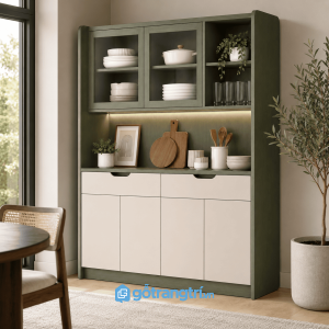 Chi tiết thiết kế Tủ kệ bếp đa năng có tủ kính hiện đại 140cm GHS-5065